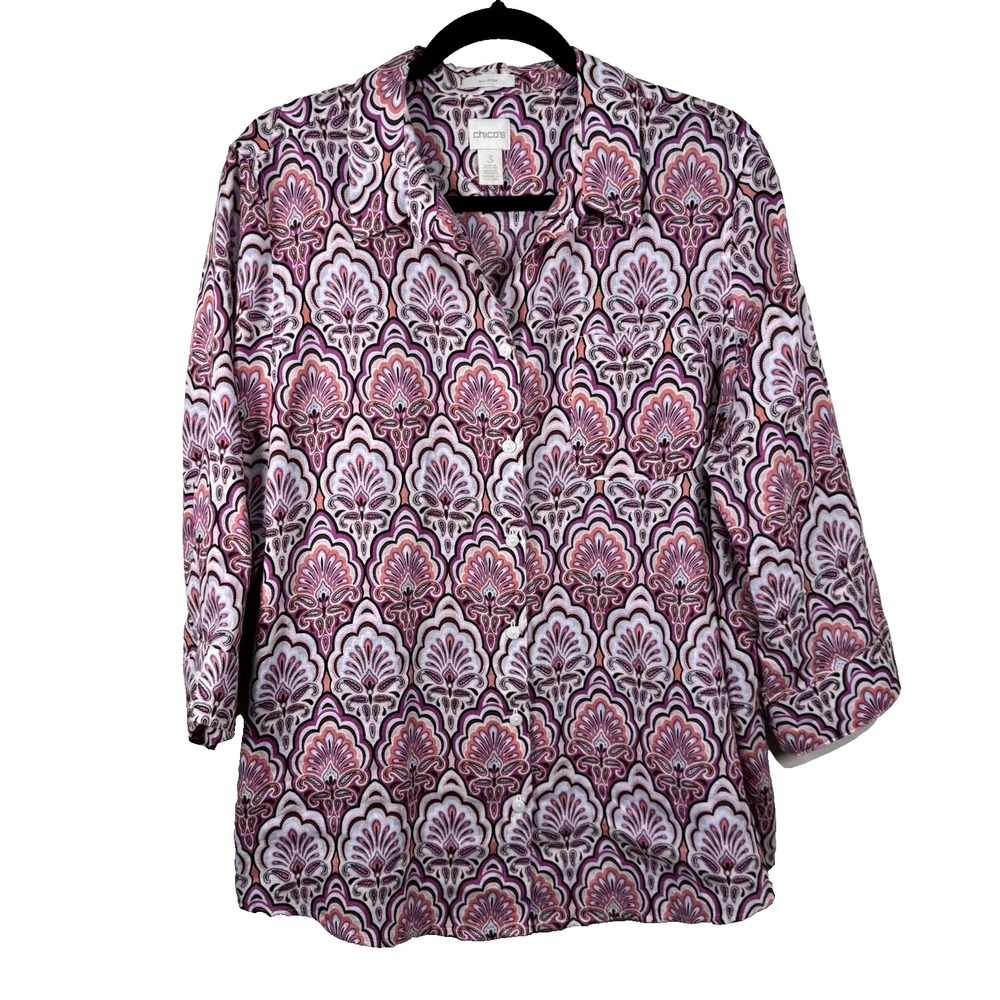 Chico's 100% Linen Button Front Pinks Women's Size 3 Boho Cruise Artsy Tunic